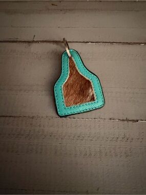 Turquoise Genuine Leather & Brown Cowhide Keychain